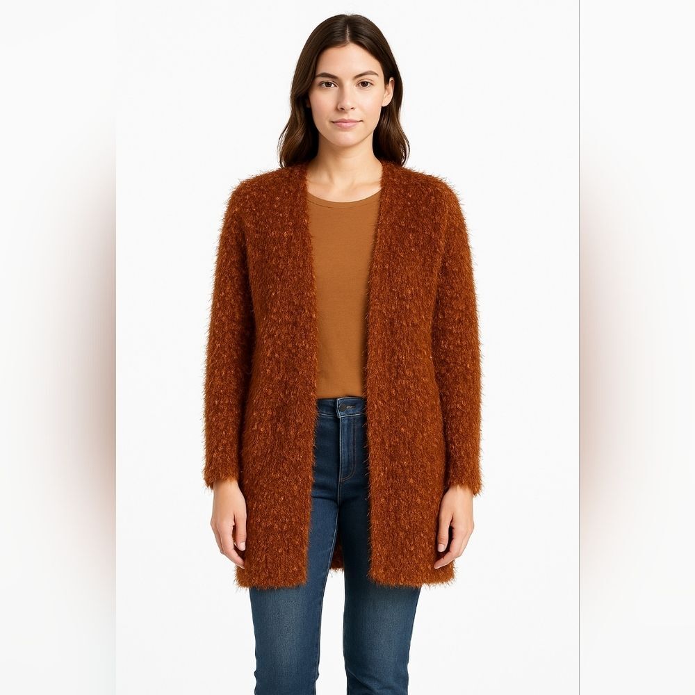 New Cozy Brown Copper Fuzzy Boho Open Front shaggy Soft duster knit Cardigan L